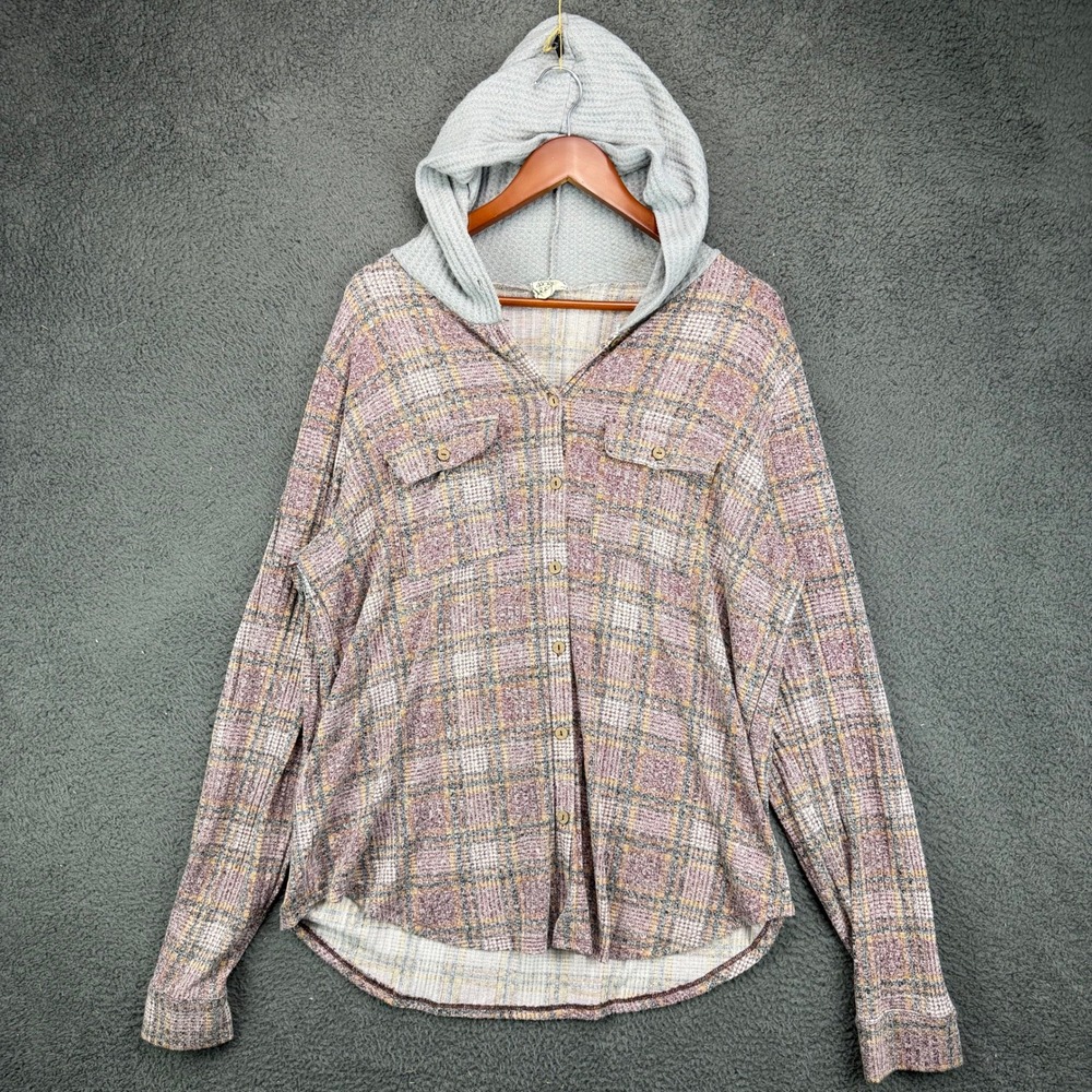 Modish Rebel Womens Plaid Hooded Button Down Shirt Shacket Purple Gray 11712